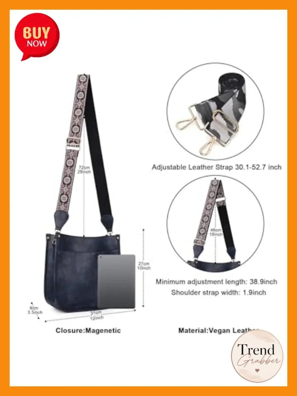 Vegan Leather Hobo Crossbody Bag with 2 Adjustable Straps